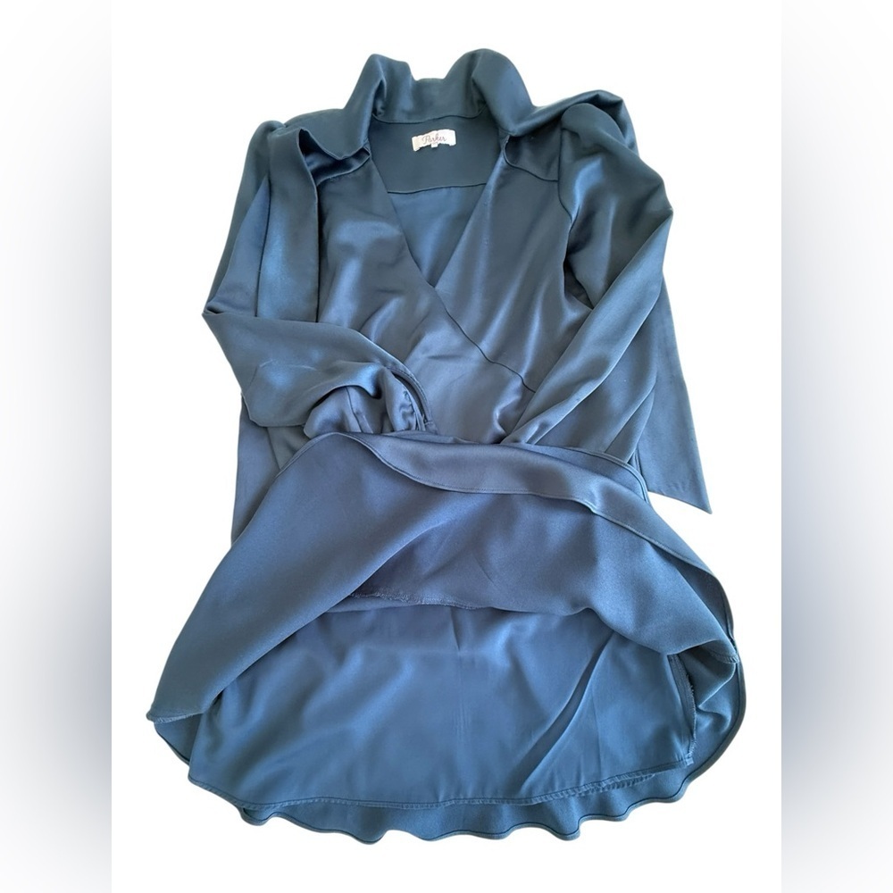 Parker Navy Blue Satin Mini Dress XS Tie Neck Long Sleeve Cascading Ruffle Hem - Picture 10 of 16